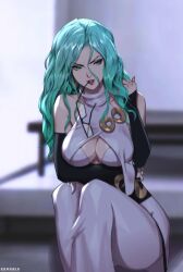 arm_sleeves arm_under_breasts bare_shoulders breasts cleavage cleavage_cutout clothing_cutout dress eyebrows_visible_trough_hair female glasses_in_mouth green_eyes green_hair highres large_breasts long_hair one-punch_man psykos red_lips sitting solo wavy_hair zeronis