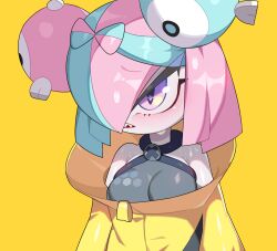 2d bare_shoulders big_breasts blush breasts cleavage cosplay drunkoak female female_focus female_only female_pokemon hi_res iono_(pokemon)_(cosplay) kirlia large_breasts long_eyelashes nintendo no_humans pink_hair pokémon_(species) pokemon pokemon_(species) pokemon_sv purple_eyes sharp_teeth sweat yellow_background