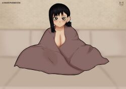 big_breasts black_hair blanket blush chainsaw_man couch couch_sitting crossed_legs cute fluffyvendetta higashiyama_kobeni looking_at_viewer ponytail shy sitting smile solo_female solo_focus wholesome