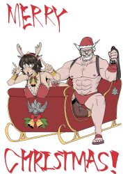 1boy 1girls age_difference ass beard bent_over breasts christmas cleavage covered_nipples dark-skinned_female dark_skin duo escape1111 femsub fishnets heihachi_mishima hetero holding_whip imminent_spanking josie_rizal large_breasts maledom merry_christmas muscular muscular_male old_man red_underwear reindeer_antlers reindeer_costume sleigh tekken tekken_7 whip