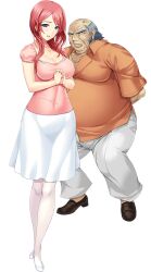 1boy alice_soft arima_shiori big_breasts black_shoes blue_eyes cg couple duo fat_man father-in-law_and_daughter-in-law female hand_behind_back heartful_maman highres holding_hands kinosaki_juuzo lips lipstick looking_at_viewer milf mother necklace old_man onigirikun orange_shirt pink_blouse plump red_hair simple_background smiling_at_viewer tagme thighs transparent_background white_bra white_heels white_pants white_pantyhose white_shirt