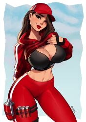 1girls big_breasts black_bra bra breasts brown_eyes brown_hair cleavage clothed clothing epic_games female female_only fortnite hat jacket magaska19 navel ruby_(fortnite) slim_waist smile solo standing tease