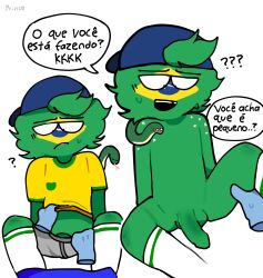 2boys argentina_(countryhumans) brazil_(countryhumans) countryhumans gay green_body green_skin homosexual male portuguese_text princedoesstuff small_penis speech_bubble tagme text