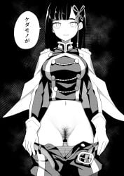 anti-demon_corps_uniform ass_visible_through_thighs bangs blunt_bangs breasts clothes_pull epaulettes female female_pubic_hair gloves greyscale groin hair_ribbon highres hime_cut long_hair looking_at_viewer mato_seihei_no_slave monochrome navel panties pants pants_pull panty_pull pubic_hair ribbon solo tanaka_ahiru translated underwear yamashiro_ren