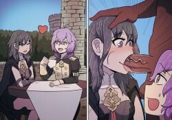 1boy 2girls 2koma bernadetta_von_varley black_hair blowjob blush byleth_(fire_emblem) byleth_(fire_emblem)_(female) cheek_bulge clothed_female_nude_male commission cup dark-skinned_male dark_skin dedue_molinaro fellatio female female_focus fire_emblem fire_emblem:_three_houses garreg_mach_monastery_uniform hasselnut hi_res interracial male medium_hair multiple_girls nintendo oral outdoors penis purple_hair shocked sitting smile straight surprised table tea_cup tongue_out wide_eyed wolfgang_bang