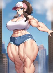 1girls abs aged_up ai_generated armpits bare_arms bare_legs bare_midriff bare_shoulders bare_thighs baseball_cap blue_eyes blue_shorts blush breast_expansion breasts broad_shoulders brown_hair building city city_background cityscape cleavage crop_top day denim denim_clothing denim_shorts game_freak giant giantess gigantic_breasts gigantic_thighs huge_breasts huge_thighs large_breasts large_thighs long_hair looking_at_viewer macro massive_breasts massive_thighs midriff midriff_baring_shirt muscle muscle_growth muscle_tone muscles muscular muscular_arms muscular_female muscular_legs muscular_thighs nai_diffusion nintendo pokemon pokemon_bw ponytail short_shorts shorts size_difference stable_diffusion steam steaming_body tank_top thick_arms thick_thighs thighs voluptuous voluptuous_female white_crop_top white_tank_top wide_hips