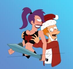 2d big_breasts breast_grab christmas cleavage cyclops diklonius female futurama holidays huge_breasts lipstick male one_eye philip_j_fry purple_hair sword turanga_leela