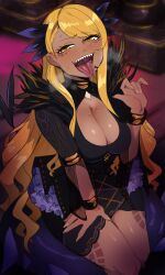 1girls black_dress blonde_hair body_markings breasts brown_skin cleavage dragon_girl facial_markings facial_piercing fate/grand_order fate_(series) female huge_breasts lightsource long_hair naughty_face pointy_teeth thick_thighs tongue tongue_out visible_breath vritra_(fate) yellow_hair