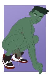 beast_boy beast_boy_(young_justice) cum cum_drip dc dc_comics flaccid garfield_logan green_eyes green_skin male_only nude shoes solo young_justice young_justice:_outsiders young_justice:_phantoms