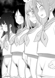 4girls :d bangs blush character_request female_pubic_hair greyscale groin hairband hibike!_euphonium highres kasaki_nozomi long_hair monochrome multiple_girls nakagawa_natsuki navel open_mouth panties panty_pull pubic_hair school_uniform serafuku short_hair smile tanaka_ahiru underwear yoroizuka_mizore yoshikawa_yuuko