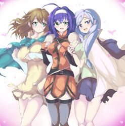 3girls :d ahoge alternate_breast_size bad_id bad_pixiv_id bag belt blue_eyes blush breasts brown_hair cape capelet circlet echizen_(hvcv) elbow_gloves female female_only fingerless_gloves fire_emblem fire_emblem:_path_of_radiance fire_emblem:_radiant_dawn gloves green_eyes grey_hair grey_legwear hair_ornament hairband hand_on_own_chest heart highres ilyana_(fire_emblem) large_breasts long_hair looking_at_another looking_at_viewer looking_back mia_(fire_emblem) miniskirt mist_(fire_emblem) multiple_girls open_mouth purple_hair short_hair simple_background skirt smile source_larger teeth thighhighs white_hairband zettai_ryouiki