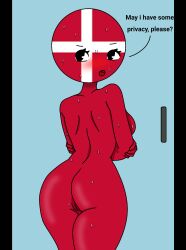 1girls big_ass breachka countryhumans countryhumans_girl denmark_(countryhumans) nude nude_female red_body red_skin sweat wet_skin