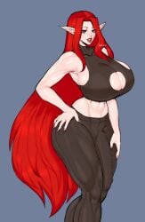 1futa 2022 aivarts breasts bulge cleavage cleavage_cutout clothed clothing elf fully_clothed futa_only futanari huge_breasts humanoid light-skinned_futanari light_skin long_hair muscular muscular_futanari penis red_hair solo standing thick_thighs tight_clothing wide_hips