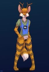 2022 animal_genitalia animal_pussy anthro antlers bottomless brown_body brown_fur canid canine canine_pussy clothed clothing cuntboy dipstick_tail fox fur genitals hi_res horn hybrid intersex mammal markings multicolored_body multicolored_fur orange_body orange_fur pussy red_eyes ruth66 simple_background solo tail_markings tongue tongue_out white_body white_fur