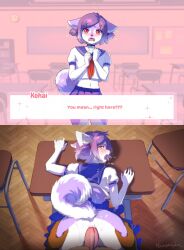 anal anal_sex anthro anthro_on_anthro anthro_penetrated anthro_penetrating anthro_penetrating_anthro anus bodily_fluids bottomwear canid canine canis choker classroom clothing cum cum_on_body cum_on_face curled_tail ddlc_background desk dialogue domestic_dog duo english_text femboy fur furniture genital_fluids genitals girly hair helloggi hi_res husky jewelry looking_back male male/male male_penetrated male_penetrating male_penetrating_anthro male_penetrating_male mammal midriff navel necklace nordic_sled_dog open_mouth orange_body orange_fur penetration penile penile_penetration penis penis_in_ass purple_hair red_eyes school school_uniform sex skirt spitz standing standing_sex table text text_box uniform