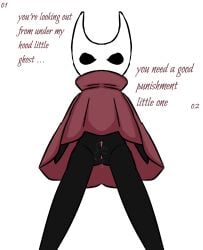 bodily_fluids cape cloak female first_person_view genital_fluids genitals hi_res hollow_knight honeyu hood hornet_(hollow_knight) male male/female protagonist_(hollow_knight) pussy pussy_juice red_cape solo tagme team_cherry text