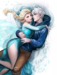 1boy 1boy1girl 1girls arm_around_partner arm_around_waist artist_name bare_legs bare_shoulders bare_thighs blonde_female blonde_hair blue_dress blue_eyes braided_hair braided_ponytail crossover disney disney_princess dreamworks dress elsa_(frozen) eye_contact female frozen_(film) hetero high_slit_dress hood_down hoodie hugging ice jack_frost jack_frost_(rise_of_the_guardians) jelsa legs_intertwined light-skinned_female long_hair lying_on_person male/female princess rise_of_the_guardians sakimichan short_hair silver_hair slim_waist slit_dress small_breasts snow straight tight_clothes tight_clothing tight_dress trait_connection white_hair winter