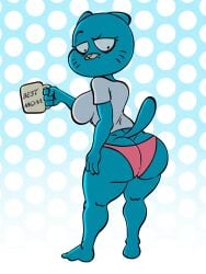 1girls 2010s 2019 4_fingers ass ass_cleavage barely_covered big_ass big_breasts big_butt black_pupils blue_body blue_skin bottom_heavy breasts butt_crack cartoon_network cat_ears cat_humanoid cat_nose cat_tail catgirl coffee_mug color dead_source eyes_half_open feet female female_only ghostlydoodles looking_back milf mother mug nicole_watterson oerba_yun_fang panties polka_dot_background raised_eyebrow spookyryder the_amazing_world_of_gumball tired whiskers white_sclera