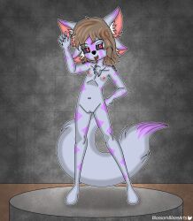 absurd_res anthro biomechanical blossomblaze canid canine canis chest_fur duo fan_character female freckles fur genitals hair hi_res humanoid hybrid long_tail looking_at_viewer mammal nipples pussy raised_arm short_hair smile smiling_at_viewer spread_legs spreading wolf