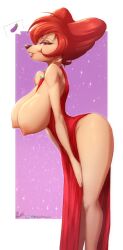 breasts disney eggplant_emoji female female_focus female_only furry goof_troop large_breasts nipples peg_pete pinceldreams red_dress red_hair red_head seductive_look thick_thighs thighs topless viejillox