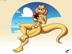 5_toes abs anthro beach cobra feet female hi_res nintendo nintendo_ds nintendo_ds_family nude outside red_sclera reptile scales scalie seaside sees sees_game sharkember simple_background snake solo toes yellow_body yellow_scales