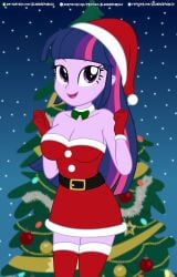 1girls absurd_res alandssparkle bare_shoulders breasts christmas christmas_tree cleavage equestria_girls female female_only friendship_is_magic gloves hasbro hi_res highres my_little_pony open_mouth open_smile santa_costume santa_hat smile solo solo_female strapless twilight_sparkle_(eg)