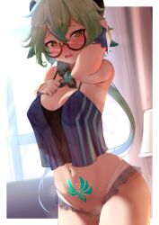 1girls armpits blush covered_pussy dearonnus female genshin_impact green_hair heart-shaped_pupils orange_eyes pubic_tattoo see-through see-through_clothing solo solo_female sucrose_(genshin_impact) tattoo thick_thighs thighs