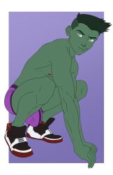 beast_boy beast_boy_(young_justice) bulge dc dc_comics flaccid garfield_logan green_eyes green_skin male_only shoes solo underwear young_justice young_justice:_outsiders young_justice:_phantoms