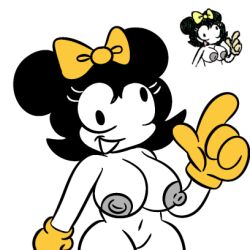 breasts comparing derp_eyes female friday_night_funkin friday_night_funkin_mod grey_nipples michaela_(gondamouse) nude_female old_art vs_mouse yellow_gloves