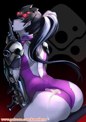 ass cum_on_ass eyewear_on_head female gun kaorihero leotard overwatch ponytail purple_skin semen sniper tagme tongue visor widowmaker