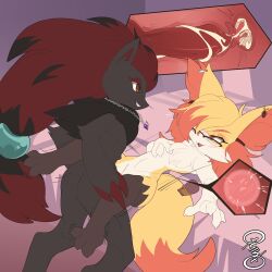 1boy 1girls 2d anthro anthro_on_anthro anthro_penetrated anthro_penetrating arched_back balls_deep braixen color creampie cum cum_in_pussy cum_in_uterus cum_inside cum_leaking cum_string deep_penetration digital_media_(artwork) female furry generation_5_pokemon generation_6_pokemon hi_res impregnation internal knot knotting looking_pleasured male narrowed_eyes nintendo open_mouth pokémon_(species) pokemon pokemon_(species) pumping_cum quinto sex smile spread_legs straight tagme throbbing thrusting zoroark