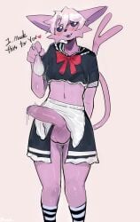 1boy 2022 anthro apron balls blue_eyes blush bow condom cum english_text espeon femboy filled_condom forked_tail furry heart maid maid_uniform male nihaku penis pokémon_(species) pokemon pokemon_(species) purple_body purple_fur short_hair skirt skirt_lift solo solo_male text