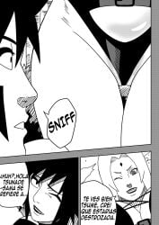 2girls bikini busty cleavage comic dialogue female female_only greeting grin inuzuka_tsume lipstick long_hair looking_at_another looking_at_partner makeup mature mature_female mature_woman milf monochrome multiple_girls naruto naruto:_the_last naruto_(series) naruto_shippuden ninrubio revealing_swimsuit skimpy skimpy_bikini smile sniff sniffing spanish_text story swimsuit tsunade