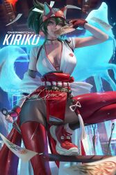 2d asian_female blizzard_entertainment cleavage female fingerless_gloves green_eyes green_hair japanese_clothes kiriko_(overwatch) kunai mask_on_head overwatch overwatch_2 red_legwear sakimichan seal solo trainers weapon