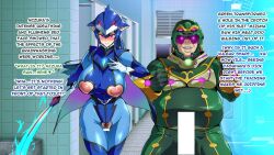 1boy 1girls alternate_eye_color aomiya_mizuha_(juukon_sentai_juusoldier) blue_bodysuit blue_hair blush censored censored_penis english_text fat_man female_pubic_hair gloves green_bodysuit hair_between_eyes heart_cutout helmet helmet_with_visor holding_sword holding_weapon huge_breasts inverted_nipples juukon_sentai_juusoldier_(takeda_hiromitsu) nipple_cutout oomori_yasuharu_(juukon_sentai_juusoldier) pink_eyes pubic_hair pussy_cutout smile sword takeda_hiromitsu talking toilet ugly_man