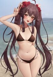 1girls abdomen beach belly belly_button bikini black_bikini blush blush_lines blushing breasts brown_hair cowlick female flowers flowers_in_hair genshin_impact hi_res hips hu_tao_(genshin_impact) light-skinned_female light_skin long_hair looking_down navel ocean peace_sign red_eyes small_breasts solo swimwear thick_thighs thighs tongue tongue_out twintails underboob very_long_hair waist water