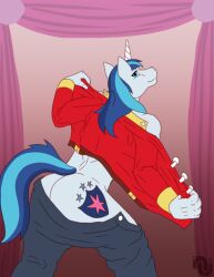 anthro ass clothing cutie_mark equid equine friendship_is_magic hasbro horn horse male mammal my_little_pony nenana-uso shining_armor_(mlp) solo stripper undressing unicorn