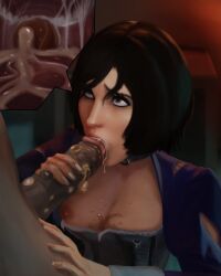 1girls big_penis bioshock bioshock_infinite black_hair blowjob blue_eyes bolero brown_hair busty choker corset dark-skinned_male elizabeth_comstock fellatio godlem hourglass_figure interracial jacket large_penis male monster_cock penis penis_grab short_hair tagme wide_hips