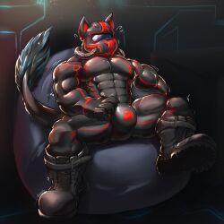 1boy abs alternate_version_at_source anthro bara bara_tits barazoku bean_bag big_boots big_bulge black_latex boots buff bulge bulge_fondling bulge_grab bulge_rubbing canine chastity chastity_device dark_room dog_ears encasement furry furry_tail fuzzy_tail gas_mask gimp gimp_suit glaucablitz helmet hi_res latex_bodysuit latex_clothing latex_encasement latex_suit lock_bulge lock_symbol male male_only markings muscles muscular muscular_male null_bulge nullge orgasm_denial padlock_symbol paw_hands paws pecs rebreather red_markings round_bulge shaking shiny shiny_latex solo stimulation struggling tube twitching twitching_bulge visor watermark