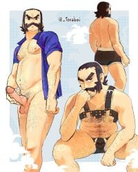 1boy ass balls ballsack bara beefy black_hair body_hair boner bottomless brown_eyes bulge erection facial_hair hairy hairy_male harness human kamado_(pokemon) leather_harness male male_nipples male_only male_pubic_hair manly masturbation mature_male muscles muscular_male mustache mutton_chops nintendo npc_trainer open_shirt pecs penis pokemon pokemon_legends:_arceus scrotum sideburns solo testicles topless toraboi unbuttoned_shirt underwear underwear_only veiny_penis