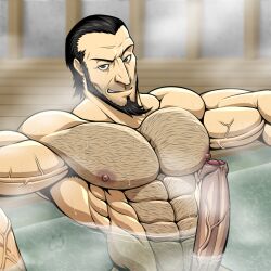 beard boner erection facial_hair male male_only muscles partially_submerged penis persona persona_5 sakura_sojiro sojiro_sakura solo solo_male sweaty wolfiecanem