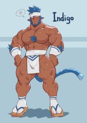 animal_ears bara beard beastman chesschirebacon facial_hair indigo_(chesschirebacon) loincloth male male_only muscles muscular original_character scars solo solo_male tail