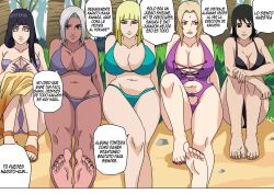 5girls age_difference barefoot beach big_breasts black_hair blonde_hair blunt_bangs bob_cut breasts busty color comic dark-skinned_female dark_skin dialogue feet female female_only fully_clothed hyuuga_hinata light-skinned_female light_skin looking_aside mabui midriff multiple_girls nail_polish naruto naruto:_the_last naruto_(series) naruto_shippuden ninrubio older_female one-piece_swimsuit open_toe_shoes purple_hair revealing_swimsuit samui sandals seaside shizune silver_hair sitting skimpy skimpy_bikini skirt soles spanish_dialogue spanish_text story swimsuit talking talking_to_another talking_to_partner talking_to_viewer teacher_and_student toes tsunade voluptuous younger_female