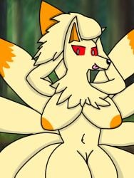 big_breasts female female_only forest fox generation_1_pokemon multiple_tails ninetales nintendo pokémon_(species) pokemon pov red_eyes thewholof554 yellow_body