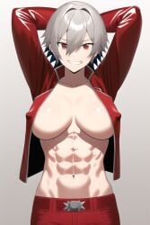 abs ai_generated ban_(nanatsu_no_taizai) ban_(seven_deadly_sins) genderswap_(mtf) gray_background gray_hair grey_background grey_hair grin highres large_breasts nai_diffusion nanatsu_no_taizai nipple_bulge no_bra red_eyes red_jacket red_pants rubycks rule_63 seven_deadly_sins short_hair stable_diffusion