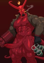 alcohol balls bara big_balls big_penis boner chesschirebacon cigar demon erection facial_hair hellboy hellboy_(series) horns male male_only muscles muscular penis red_body red_skin solo solo_male tail