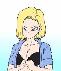 1girls 2d 2d_animation android_18 animated animated_gif big_breasts blonde_hair blue_eyes bouncing_breasts bra breasts cleavage dragon_ball earrings female female_only flashing gif gokeya_animation nipples patreon revealing_breasts solo traced