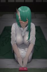 1girls abara_boner areolae arknights big_breasts blush breasts chest condom condom_box demon embarrassed erect_nipples_under_clothes face_markings female female_only green_hair hands horn hoshiguma_(arknights) imminent_sex indoors inside inviting inviting_to_sex kneeling light-skinned_female long_hair looking_at_viewer nipples nipples_visible_through_clothing offering_condom oni oni_female oni_horns robe sitting solo wet_clothes wet_hair wet_skin yellow_eyes