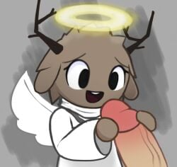 1boy 1girl1boy 1girls 2022 angel angel_wings anonymous_artist anthro anthro_on_human antlers brown_fur christmas disembodied_penis furry halo hands_on_penis imminent_oral imminent_sex nervous_smile open_mouth rein_(tower_heroes) reindeer reindeer_antlers roblox roblox_game smile smiling smiling_at_penis tower_heroes vein wings