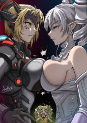 3girls breasts breasts_to_breasts demon_girl dinomorphia_kentregina duel_monster eye_contact female highres labrynth_of_the_silver_castle lovely_labrynth_of_the_silver_castle saikre white_dress yu-gi-oh!